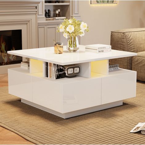 Mesa de centro 70x70x40 cm blanca en tablero de partículas con LED y 4 cajones (1/5)