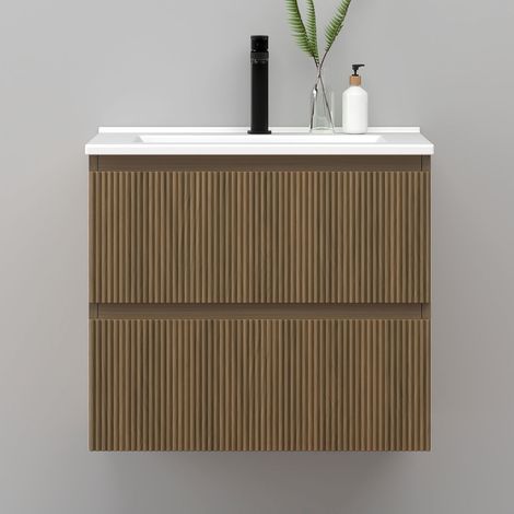 Meuble de salle de bain suspendu Strié 60cm avec simple vasque + 2 tiroirs, Noyer (1/5)