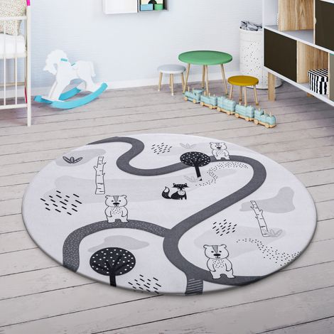 Paco Home Kinderteppich Kinderzimmer Teppich Spielmatte Straßenteppich Rutschfest Weiß Grau 80 cm Rund
