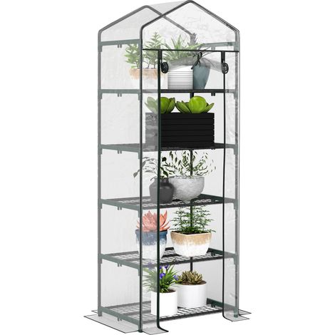Outsunny 5 Tier Mini Greenhouse, Portable Greenhouse with Reinforced Plastic Cover, Garden Grow House with Roll Up Door and Shelves, 69 x 49 x 193cm, Green