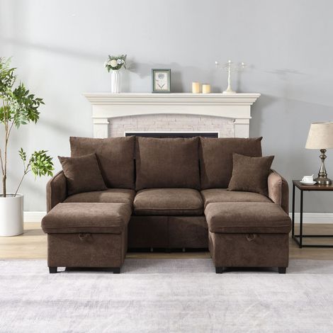 Canapé d’angle u convertible 3 places tissu chenille coffre rangement pouf inclus salon (1/5)