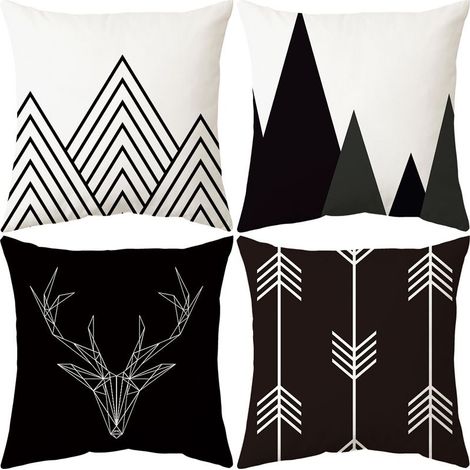 Coussin Lot de 4, Géométrique Noir Et Blanc Flèche De Cerf Minimaliste Doux Court Peluche Carré Taie d'oreiller pour Sofa Canapé Chambre Auto Chaise Domicile Décor 45x45cm (1/5)