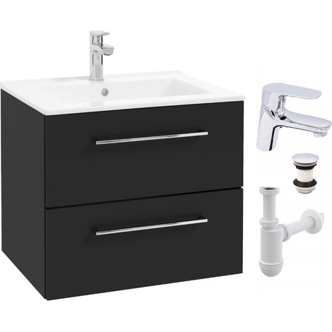 STAMAR  Badezimmermöbel Set - 60x45 cm - Schwarz Matt - Mit Waschbecken und Armatur - Modernes Design