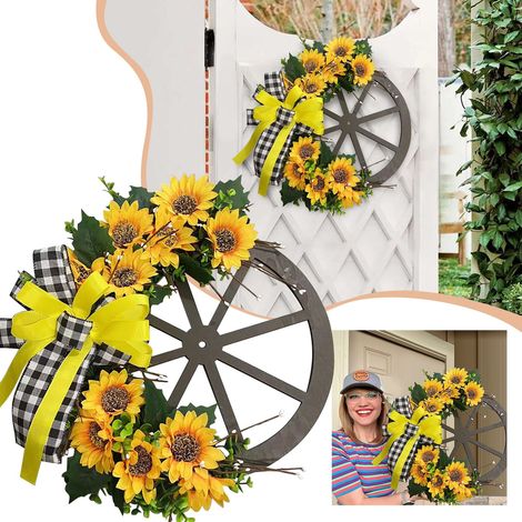 Couronne De Tournesol - Roue En Bois Artificielle - Décoration Murale Et Porte Extérieure - 1 Pièce (1/5)