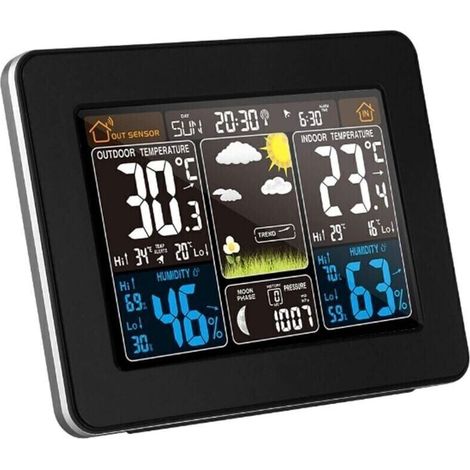 Drahtlose Wetterstation mit Alarmfunktion und Temperatur-/Luftfeuchtigkeits-/Barometer-/Wecker-/Monduhr-/Wetteranzeige mit digitalem Außensensor und Farbdisplay PT3365 (1/4)