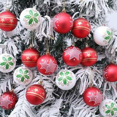 Boule De Noel - En Mousse - 6 Cm - Blanc Rouge - Étoile Et Feuille - Résistant Aux Chocs - Pour Arbre De Noël Intérieur Extérieur - 18 Pièces (1/5)