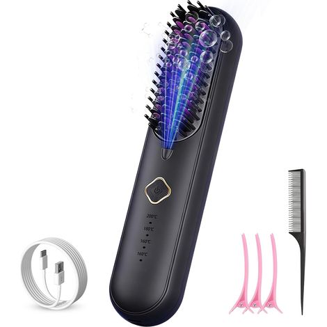 Brosse Lissante Sans Fil, Brosse Lissante pour Cheveux Anti-BrûLure, Lisseur Cheveux-Ions Négatifs avec Type C, 4000 mAh, 4 Températures (140-200°C), Portable et Pratique pour Voyage (1/5)