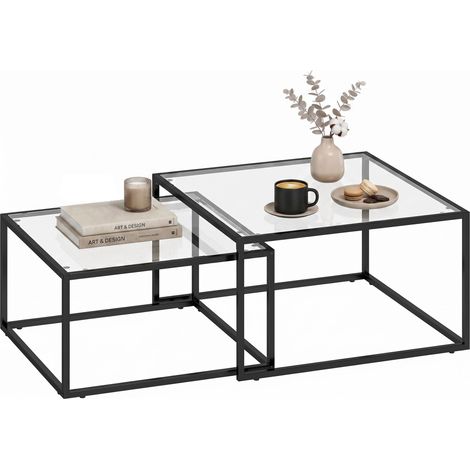 Tables basses gigognes rondes, lot de 2, avec plateaux en verre trempé et structure en métal, pour salon, noires (1/5)