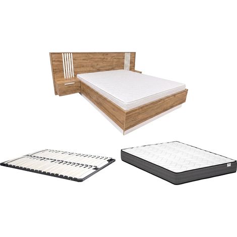 Lit avec chevets 160 x 200 cm – Avec LEDs – Coloris : Naturel et blanc + Sommier + Matelas - NELTORA (1/5)