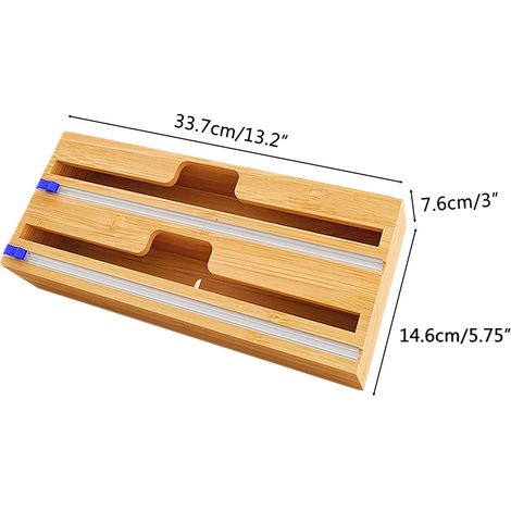Distributeur de film étirable robuste et réutilisable en bambou, boîte de rangement pour papier aluminium et papier sulfurisé, coupe-film pratique, compartiment double, couleur bois naturel, 1 pièce (1/5)