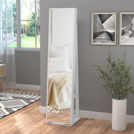 HOMCOM Armoire à Bijoux avec Miroir sur Pied Multi-rangements éclairage LED Blanc dim. 38L x 38l x H157 cm (1/5)
