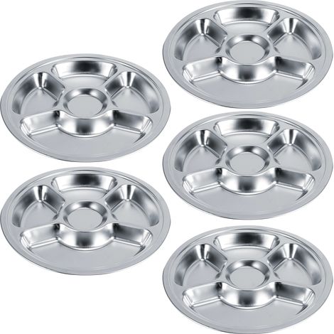 Assiette repas ronde 5 compartiments en acier inoxydable 304 épais, lot de 5 plateaux de table pour enfants