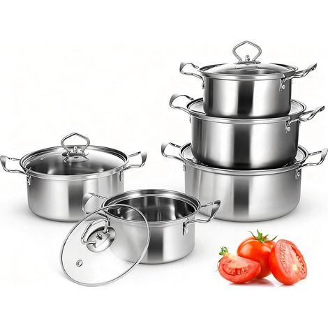 Lot de 10 Casseroles Inox avec Couvercles en Verre - Batterie de Cuisine - Sans Revêtement Antiadhésif - Compatible Induction, Gaz et Electrique - Ustensiles de Cuisson Tout Feux (1/5)