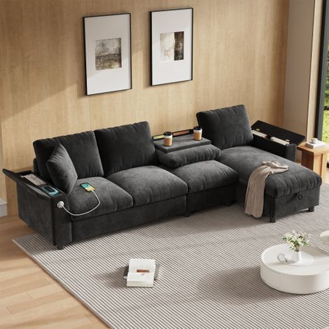 Canapé d’angle convertible en chenille, avec rangement, table rabattable, usb et type-c, gris, 280x137x84 cm (1/5)