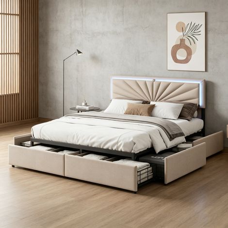 Doppelbett 160x200 cm mit 4 Schubladen, LED-beleuchtetem Kopfteil, beigefarbenem, gestepptem Leinenstoff