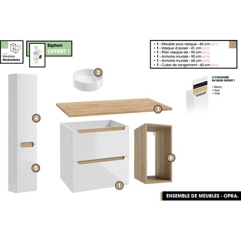 Ensemble complet de salle de bain - Meuble - Plan - Armoires - Cube - Vasque à poser avec Siphons OFFERT OPRA 90 x 60 x 45 cm (1/5)
