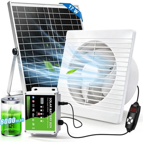 150mm 180 m³/h Batterie 8000mAh Ventilateur D'Extraction Solaire Étanche Fonctionnement Jour et Nuit Panneau 17W/36db Vitesse Réglable Minuterie Écran Niveau Batterie Câble 4m IP44 pour Poulailler Ser