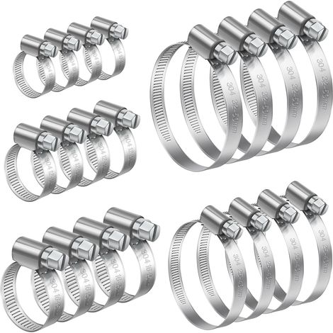 20 Pièces 10-50mm Collier Serrage Inox Set, Collier de Serrage Métallique Réglables en Acier Inoxydable Convient Pour Tube Automobiles, Piscine, Machine à Laver, Jardin (1/5)