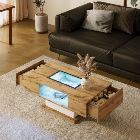 Table basse 110.2x60x39.7 cm bois naturel et blanc en panneau de particules avec LED, plateau en verre et 2 tiroirs (1/5)