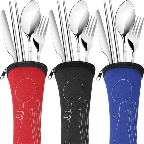 Juego de cubiertos reutilizables de acero inoxidable de 12 piezas (paquete de 3): cuchillo, tenedor, cuchara y palillos, Portátil (1/5)