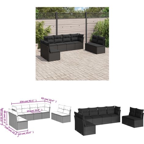 8-tlg. Garten-Sofagarnitur mit Kissen Schwarz Poly Rattan - Gartenmöbel - Outdoor Möbel - Rattan Sofa - Esstisch Set - Lounge Gruppe - Home & Living (1/3)