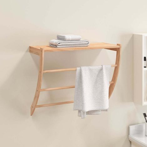 Porte-serviettes en bois massif de noyer – Étagère murale salle de bain avec 3 barres et étagère – Design incurvé, finition à l'huile – 60 x 25,5 x 49 cm (1/5)