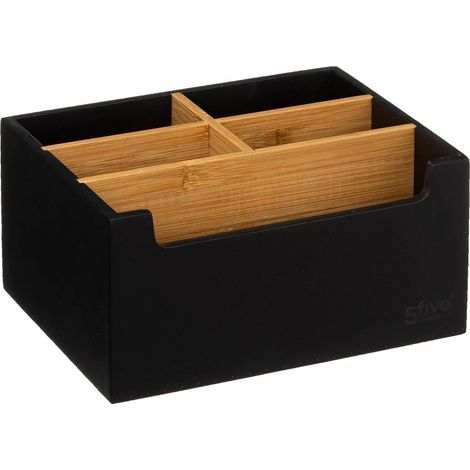 Organiseur de rangement maquillage 5 compartiments noir et bambou, boîte de rangement pour cosmétiques et accessoires (1/4)