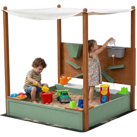 Bac à sable avec pare-soleil pour enfants, 2 bacs de rangement, 116 cm (L) x 112,5 cm (l) x 128 cm (H), bois de sapin, plastique, vert (1/5)