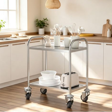 Carrello da cucina a 2 ripiani con ruote e freni, acciaio inox cromato grigio DESVIAE (1/5)