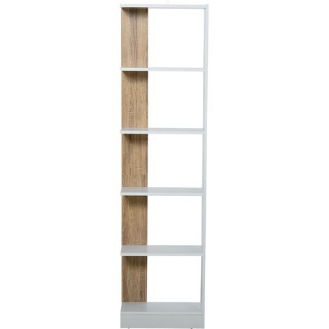 Étagère étroite à 5 niveaux, meuble de rangement moderne en bois gain de place, idéale pour la salle de bain, le salon, la chambre, le bureau ou le cabinet de travail, 45 x 21 x 170 cm, chêne et blanc