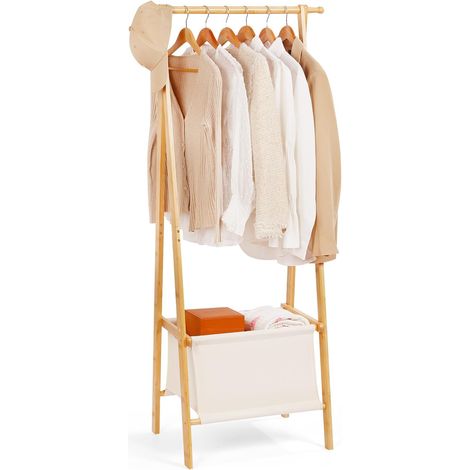 Porte-manteaux en bambou, portemanteau avec garde-robe ouverte et sac de rangement, tringle à vêtements, stable pour la chambre à coucher, couloir (S) (1/5)