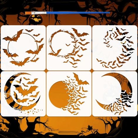 6Pièces Pochoirs Peinture Motif Lune Chauve-Souris Avec Pinceau 30x30cm Modèle Croissant De Lune Pochoir Motif Chauve-Souris En PET Plastique Thème Halloween DIY pour Décoration Mur, Sol (1/5)
