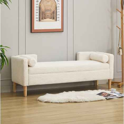 Pouf contenitore multifunzione con due cuscini rotondi, velluto a coste, avorio (1/5)