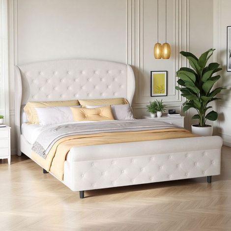 Cama con cofre - Cama trineo 140x200cm - Terciopelo beige acolchado - Somier incluido - Estructura de madera 250kg