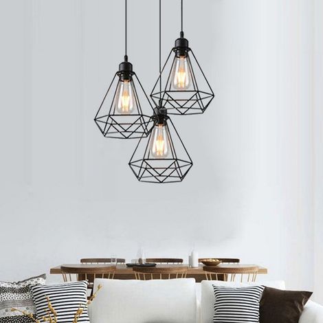 3PCS Suspension Luminaire Vintage Industrielle E27 20cm Plafonnier Luminaire Lustre Abat-jour Cage Métal Noir (1/5)