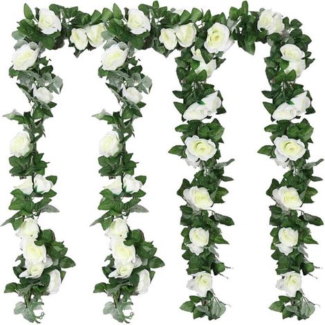 Artificial Rose Garland, 4-Piece Silk Flower Arrangement, Artificial Hanging Plants for Party, Garden, Home, Arch, Ceremony, Outdoor Wall (White) (1/4)