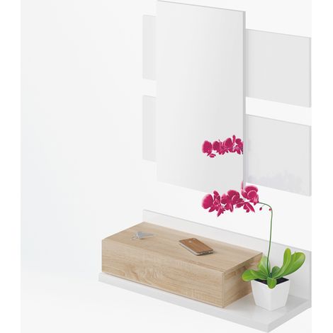 Pegane – Meuble d'entrée avec miroir blanc Artik Mate et chêne canadien en mélamine – Dimensions : 20 x 75 x 29 cm – Design moderne (1/3)