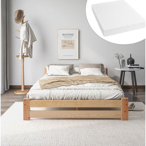 Letto in legno massello stile futon 140x200 cm, naturale, con testiera e base a doghe, struttura in pino (1/5)