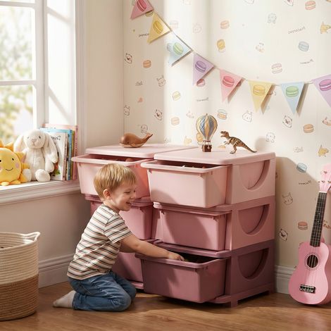 Organisateur de jouets à 3 niveaux pour enfants, avec 6 tiroirs, boîtes de rangement en plastique, 75 x 37 x 56,5 cm, rose (1/5)