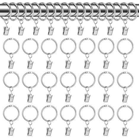 Anneaux pour Rideaux,30 pcs Anneau Rideau avec Pinces,32mm Clips de Rideau Anneaux,Argent Crochet Rideau,Anneaux pour Tringle à Rideaux,Métal Drapé Clip Crochets,Crochet Rideau pour la Bain,Balcon