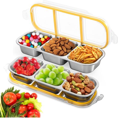 Lot de 2 Boite Compartiment Alimentaire en Acier Inoxydable, Snack Box Étanche à 3 Compartiments, Boite a Gouter Enfant Réutilisable (1/4)