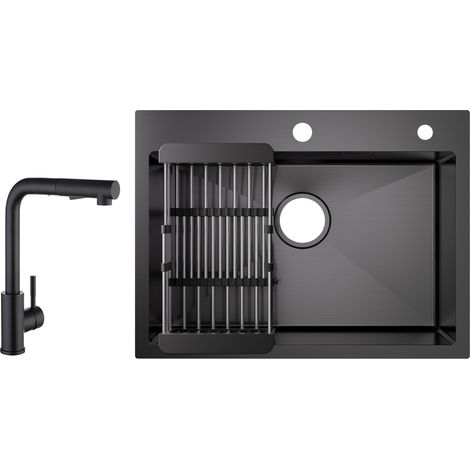 Cecipa Évier 1 Bac Inox avec Panier de Drainage - Évier de Cuisine Noir 60×45×18 cm + Mitigeur de Cuisine avec Douchette Extractible 2 Modes de pulvérisat (1/5)