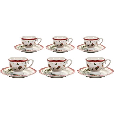 Set 6 Tazzine da Caffè completo di piattino in fine porcellana bone china natale con scatola idea regalo bordi smerlati decorzioni natalizie eleganti e particolari