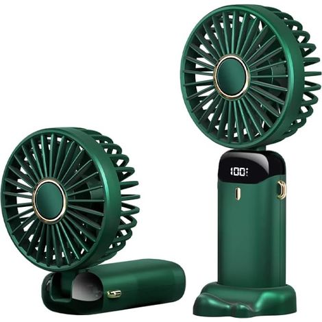 Ventilateur portable à main — Fonctionne sur batterie, rechargeable, autonomie de 8 heures, affichage numérique, 5 vitesses de ventilation [Vert]