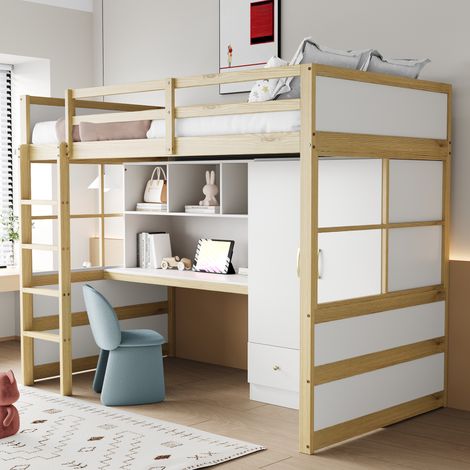 Lit mezzanine enfant 90 x 200 cm avec tiroirs de rangement- bureau- armoire intégrée- échelle intégrée- charge 120 kg- en bois- Bois naturel (1/5)