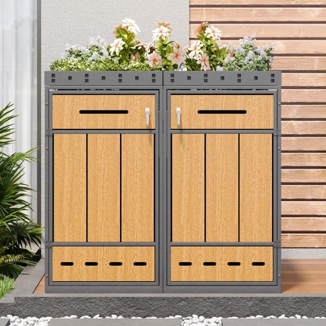 Cache-Poubelle Extérieur avec Toit Vert, Abri Quadruple pour 2 Poubelles (120-240L), Coffre de Rangement Jardin, 132x80x124 cm