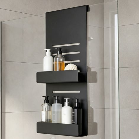Mai & Mai Duschablage zum Hängen, Duschregal Ohne Bohren für Glasduschtüren, Hängeregal mit 2 Etagen und 3 Haken, Badezimmer Organizer Sandschwarz 30x60x8cm Oryne-01