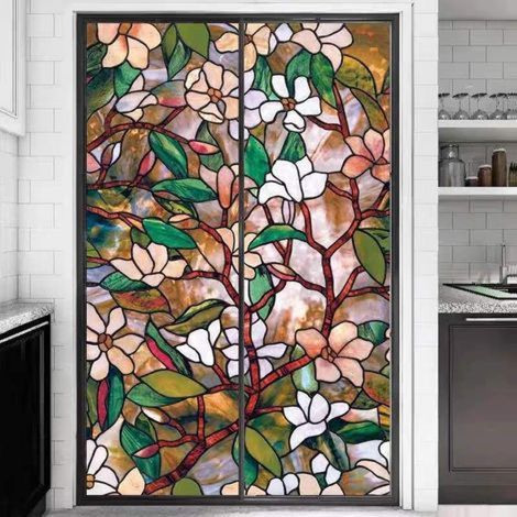 Film électrostatique sans adhésif pour vitres, motif fleur de magnolia, film occultant, 45 cm × 100 cm (1/5)