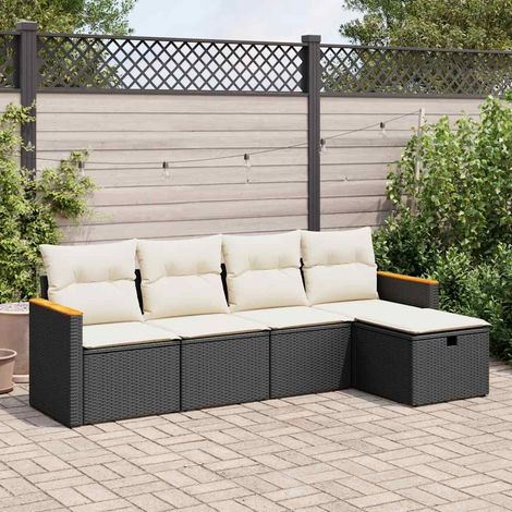Canapé Salon Jardin 5 pièces Noir Résine Tressée avec Coussins Crème, Modulable et Stockage (1/5)