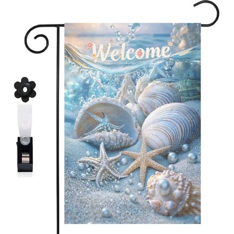 Drapeau de jardin 30 x 45 cm motif étoiles de mer coquillages et perles toile double face pour extérieur (1/5)
